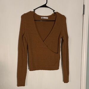 Zara Women's Cozy Wrap Front Knit Brown Sweater Size M Minimalist